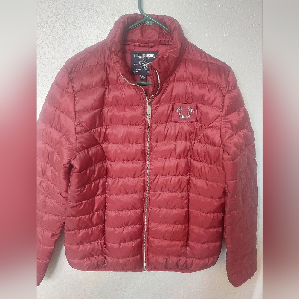 True Religion Red Quilted Puffer Jacket with Glossy Finish
